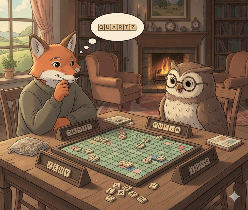 two animal characters playing scrabble